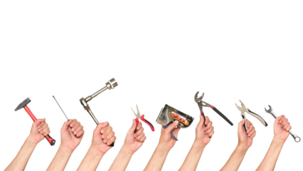 Hands holds a various tools for repair on a transparent background