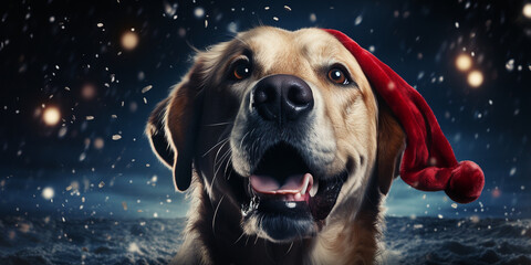 Süsser Labrador mit Weihnachtsmütze im Schnee Nahaufnahme im Querformat für Banner und Poster ai generativ - obrazy, fototapety, plakaty