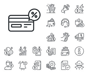 Banking Payment card with Discount sign. Cash money, loan and mortgage outline icons. Credit card line icon. Cashback service symbol. Cashback line sign. Credit card, crypto wallet icon. Vector