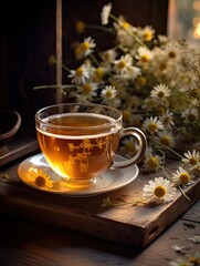 A serene image of a cup of herbal tea with chamomile flowers, gently steeping on a rustic wooden surface alongside a pile of autumn leaves