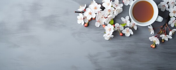 A cup of tea and some flowers on a gray table, in the style of minimalist backgrounds, cherry blossoms