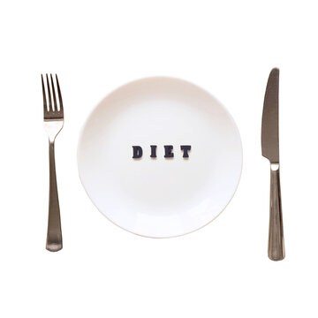The text DIET from black letters on the plate. Plate, fork and knife on a transparent background