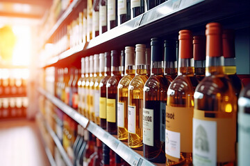 A wine collection displayed on a shelf, showcasing a variety of bottles