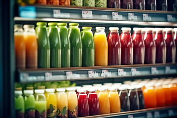 A colorful assortment of juices in a display case - obrazy, fototapety, plakaty