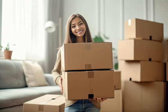 A woman balancing boxes in front of a cozy couch. New home unpacking boxes