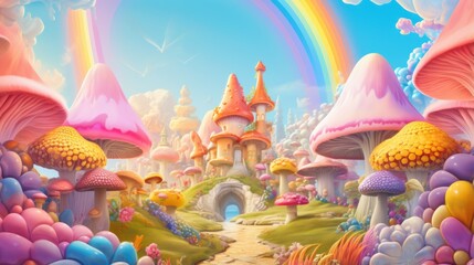 A cartoon fairy land with a rainbow in the sky - obrazy, fototapety, plakaty