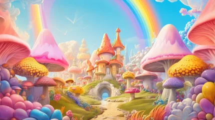 Fotobehang A cartoon fairy land with a rainbow in the sky © Maria Starus