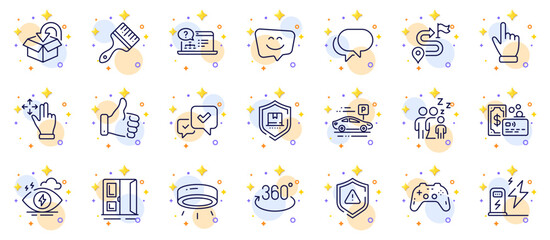 Outline set of Online help, Cursor and Sleep line icons for web app. Include Like hand, Package protection, Open door pictogram icons. Shield, Card, Return package signs. Car parking. Vector