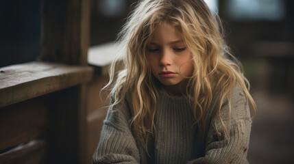 Young girl with beautiful blonde hair crying and feeling sad, sitting alone in a wooden cabin in the woods, broken heart, overwhelming sorrow.