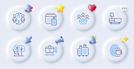 Deckchair, Wallet and Baggage line icons. Buttons with 3d bell, chat speech, cursor. Pack of Dresser, Buying process, Baggage calendar icon. Handbag size, Buyers pictogram. Vector