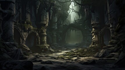 Fototapeta premium Cave in the forest. AI generated art illustration.