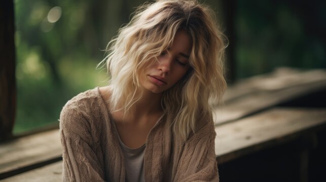 Young girl with beautiful blonde hair crying and feeling sad, sitting alone in a wooden cabin in the woods, broken heart, overwhelming sorrow.