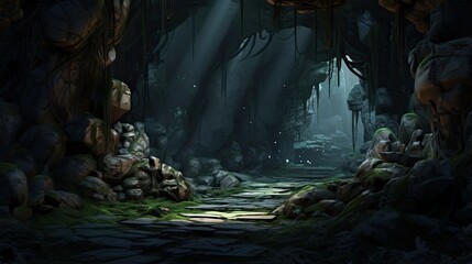 Cave in the forest. AI generated art illustration.