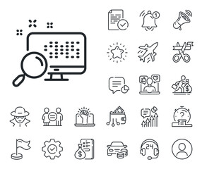 Find data sign. Salaryman, gender equality and alert bell outline icons. Search in computer line icon. Magnify glass. Search line sign. Spy or profile placeholder icon. Online support, strike. Vector