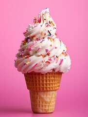 A swirl of soft-serve ice cream with rainbow sprinkles, showcased against a clean pink background