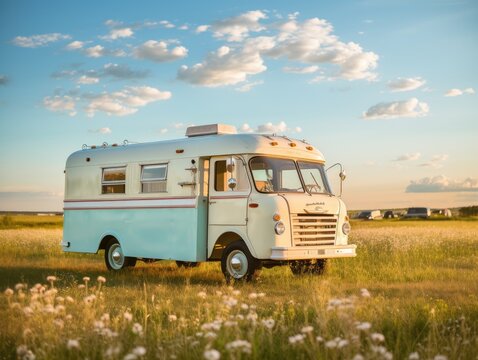 A vintage ice cream truck parked on a clean, open field, evoking a sense of nostalgia, old photo