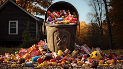 Excessive halloween candy waste in the trash can. The day after Halloween celebration and the environmental impact concept. Generative AI. - obrazy, fototapety, plakaty