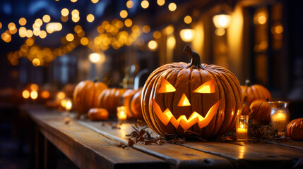 Halloween pumpkin and candles on a wooden table - 649018151