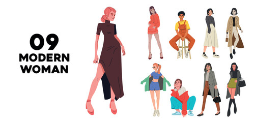 Set of vector illustrations of women in modern clothes on isolated background, bright colors easy to modify