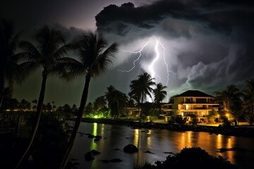 Obraz premium Lightning Storm Over Tropical Resort 