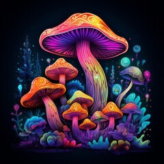 Mesmerizing neon mushrooms dance in darkness, Generative AI