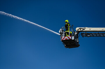 Fire fighting with special machine with tower