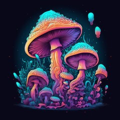 Mesmerizing neon mushrooms dance in darkness, Generative AI