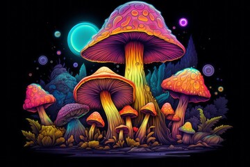 Mesmerizing neon mushrooms dance in darkness, Generative AI - obrazy, fototapety, plakaty