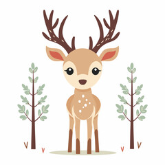 Cute funny deer in floral frame, isolated on white. Hand drawn wild animal, flowers vector illustration. Scandinavian style woodland. Flat design. Concept for kids fashion, textile print, poster, card