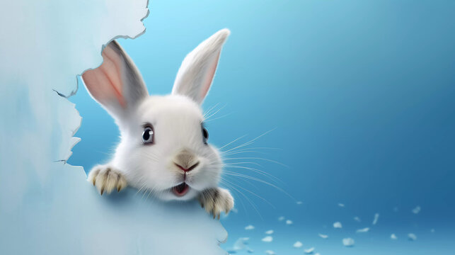 Easter rabbit breaking through the wall with blue background