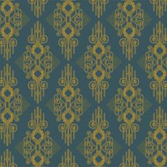 A blue background with intricate gold retro pattern designs