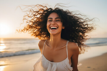 Woman with curly hair is captured smiling on beach. This picture can be used to depict happiness, relaxation, vacations, or summer vibes. - obrazy, fototapety, plakaty