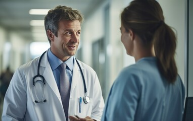 Senior doctor mentoring a junior doctor in a hospital corridor. Generative AI