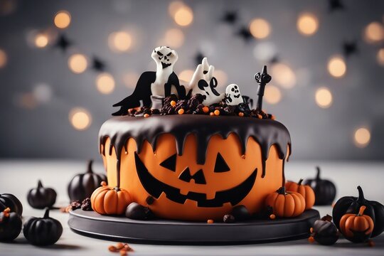 Halloween-themed cake meticulously decorated to embody the spirit of the spooky season. Showcasing intricate details, this masterpiece is ideal for festive inspirations and recipe features