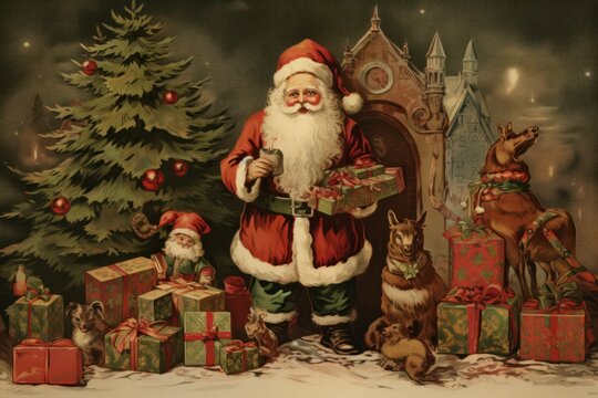 vintage style Christmas greetings card with Santa Claus, ai tools generated image