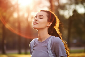Woman with her eyes closed basking in warm sunlight. This picture can be used to depict relaxation, meditation, or simply enjoying sunny day.