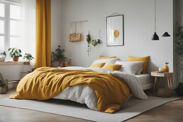 A bedroom scene epitomizing Scandinavian style, featuring a harmonious blend of yellow, white, and beige hues. The minimalist design radiates coziness. Modern Nordic living spaces representation