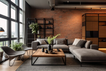 Obraz na płótnie Canvas Step into a cozy urban oasis where modernity meets rustic charm in this chic and industrial living room interior, featuring comfortable seating, reclaimed wood, statement pieces, exposed brick