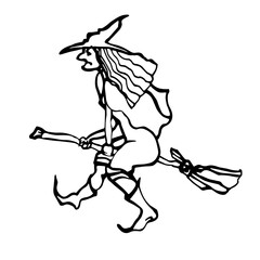 The witch is flying to the Halloween party. The witch is flying on a broom. Silhouette, outline of a witch flying on a broom. Isolated drawing. A caricature of a woman. A fabulous character for Hallow