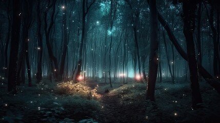 Fototapeta premium fireflies in night forest