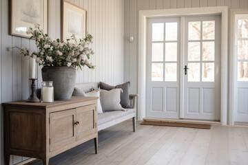 A Serene Scandinavian Farmhouse Style Hallway Interior with Rustic Charm and Modern Elegance, featuring clean lines, natural light, inviting minimalist design, cozy hygge accents