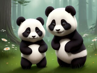 Fototapeta premium Two little cute pandas in the forest.