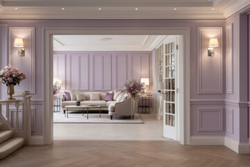 Fototapeta premium Tranquil lavender-colored hallway with contemporary decor, soft lighting, and elegant hardwood flooring, creating a serene and inviting atmosphere with a touch of sophistication.