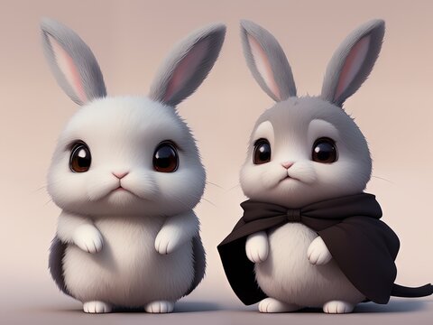 Two cute little rabbits standing on their hind legs.