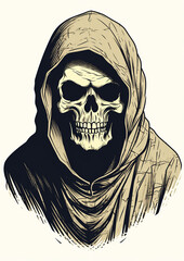 Death skull in worn hood, illustration style, generative ai