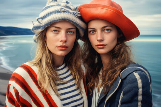 Generative AI illustration portrait of couple of young lesbian with colorful hats cuddling tenderly and looking at camera on blurred beach
