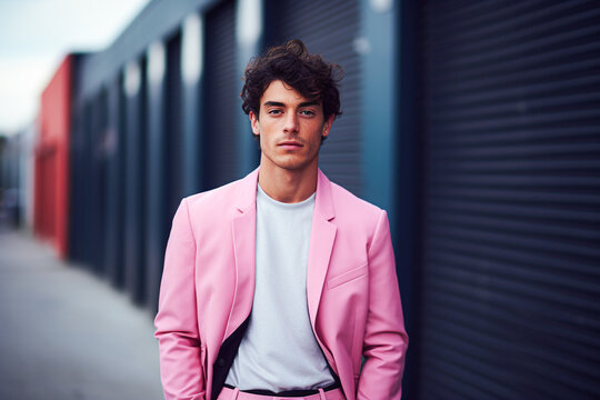 Portrait of a handsome young man in a pink suit on the street Selective focus. 