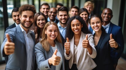 Overjoyed young diverse employees workers show thumb up recommend good quality company service. Generative AI