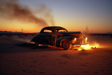 Fototapeta na wymiar old car engulfed in flames in the middle of the desert, evening, generative ai 