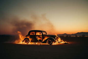 Fototapeta na wymiar old car engulfed in flames in the middle of the desert, evening, generative ai 